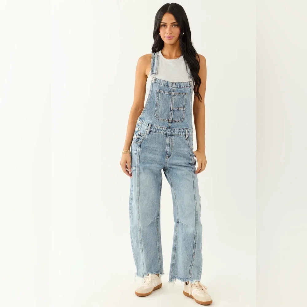 NWT Saige Denim Barrel Horseshoe Light Washed Relaxed Fit Jean Overalls - Picture 3 of 7